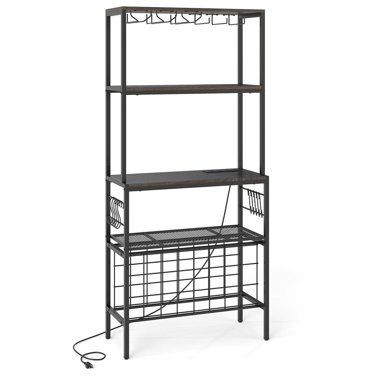 Wine Bar Rack with RGB LED Lights Built-in Power Strip and 3 Tier Storage Shelves for Kitchen or Dining Room